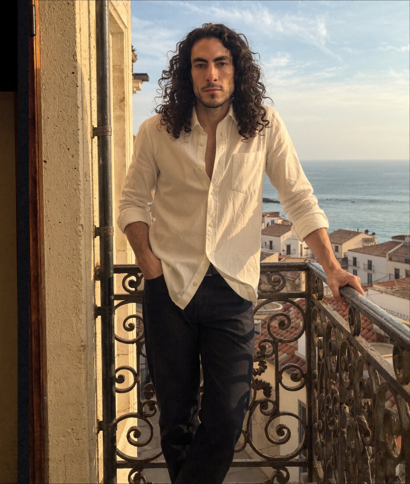 BJ on a balcony over the sea, southern Italy